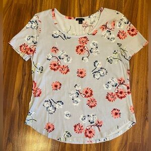 Ann Taylor Gray Scoop Neck Short Sleeve Top with Coral & Navy Floral Print